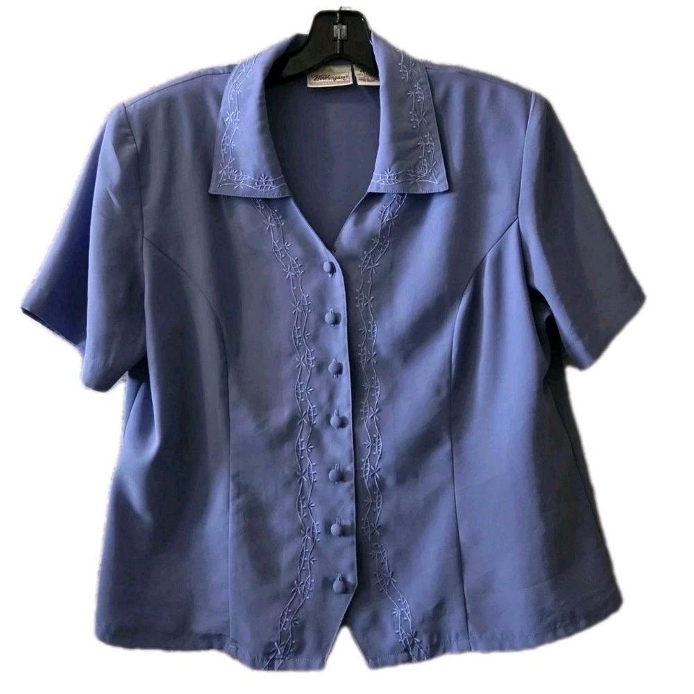 Worthington Petite 12P Blue Embroidered Button Front Short Sleeve Blouse